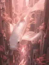 Giant translucent koi swimming above a pink tree-lined city street