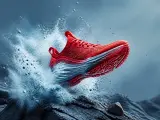 Red running shoe bursting through water above dark rocks
