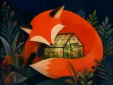 Sleeping red fox curled around a glowing greenhouse in a night forest