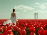 Woman in a white dress walking through a red tulip field toward a solitary doorway