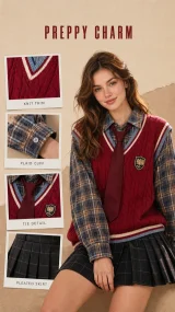 Fashion model presenting a red preppy outfit with coordinated garment details