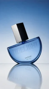 Before-and-after professional retouch of a VAYRUNE TIDELIGHT blue fragrance bottle