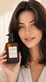 Woman presenting hair serum in a shoppable beauty video