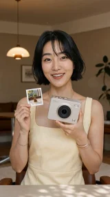 Woman holding an instant camera and prints in a replicated video scene