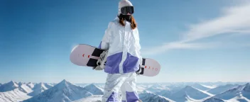 Skier presenting a white-and-purple outfit on a snowy ridge