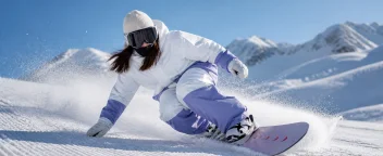 Low-angle carving shot of a skier on an alpine slope