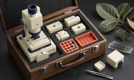 Qwen Image 3.0 Pro image of a microscope and laboratory tool set