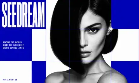 Seedream 5.0 Pro blue-grid black-and-white fashion portrait