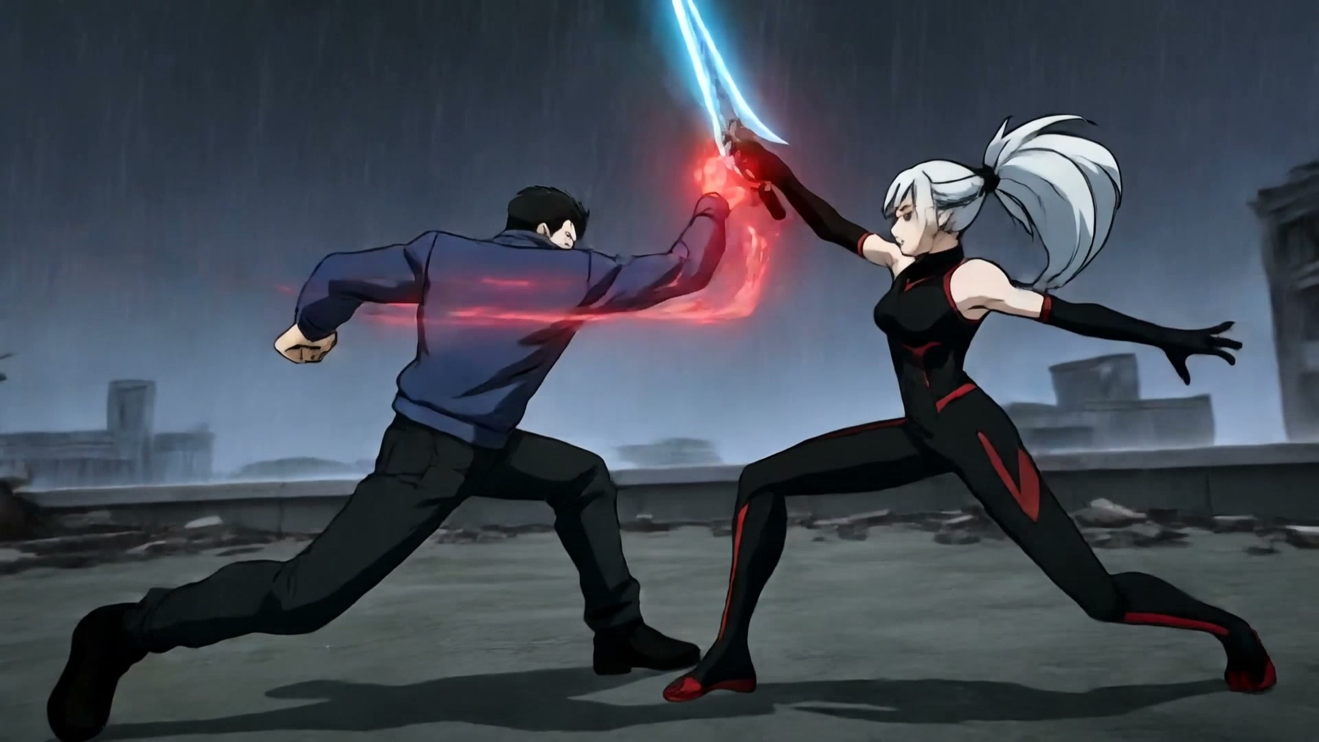 Anime rooftop duel in the rain generated with Kling 3.0 Omni