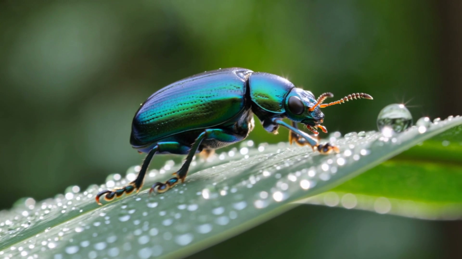 Macro video of an iridescent beetle on a dew-covered leaf generated with Kling 3.0 Omni