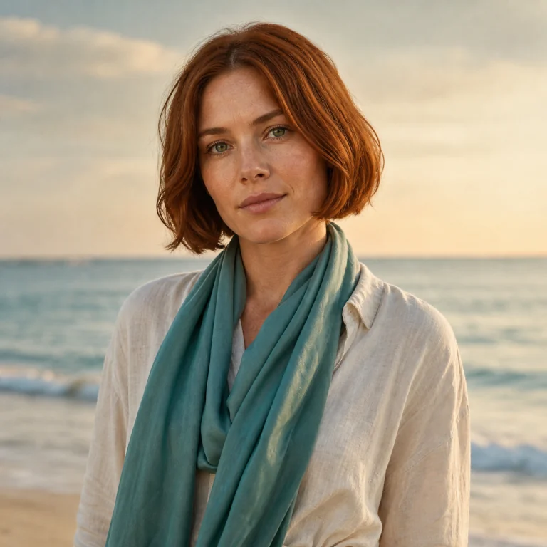 Character reference of a red-haired woman at a sunset beach