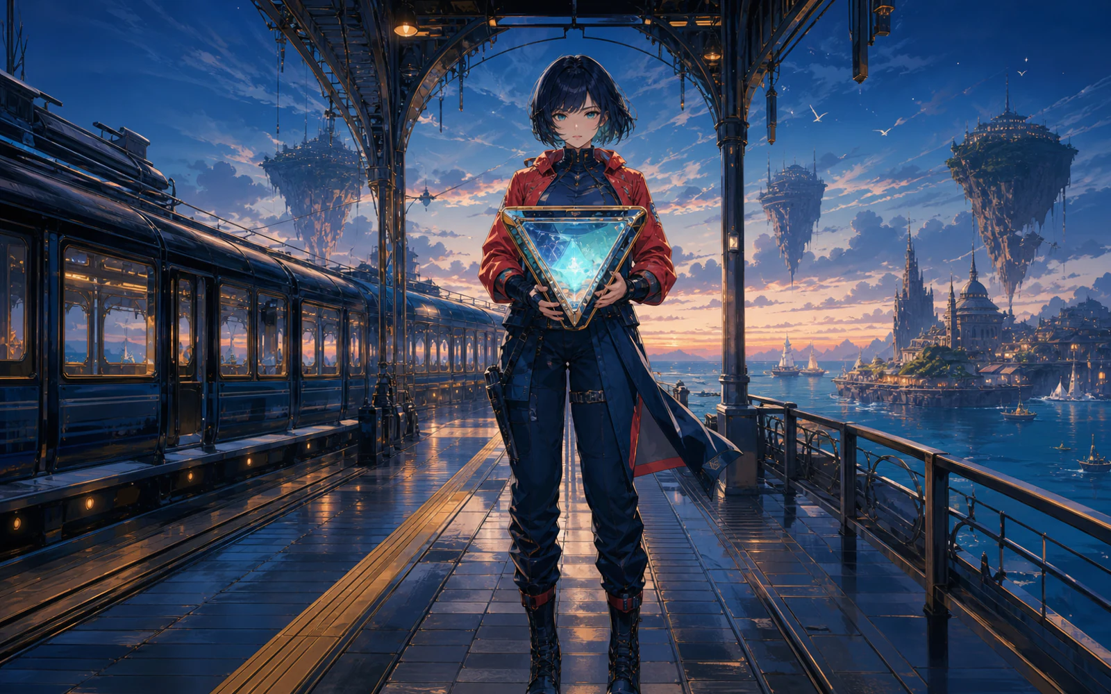 Tidal Courier standing beside a moonlit train with a luminous crystal