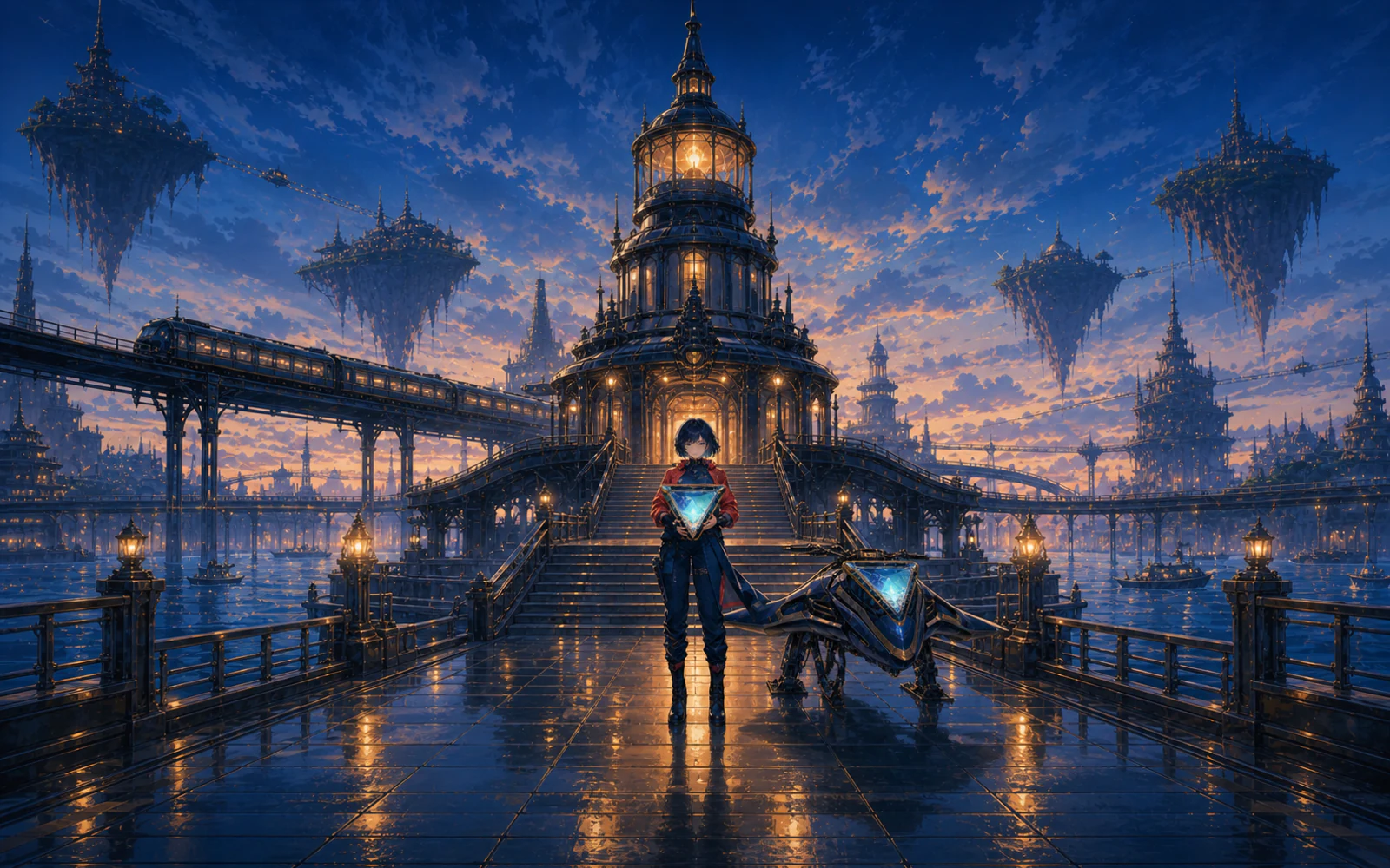 Tidal terminal architecture glowing at dusk