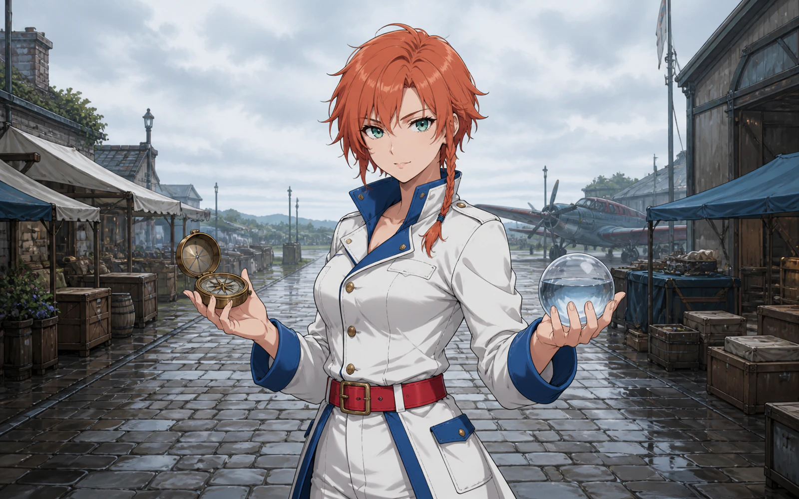 Red-haired anime navigator holding a compass and glass sphere in a rainy airfield market