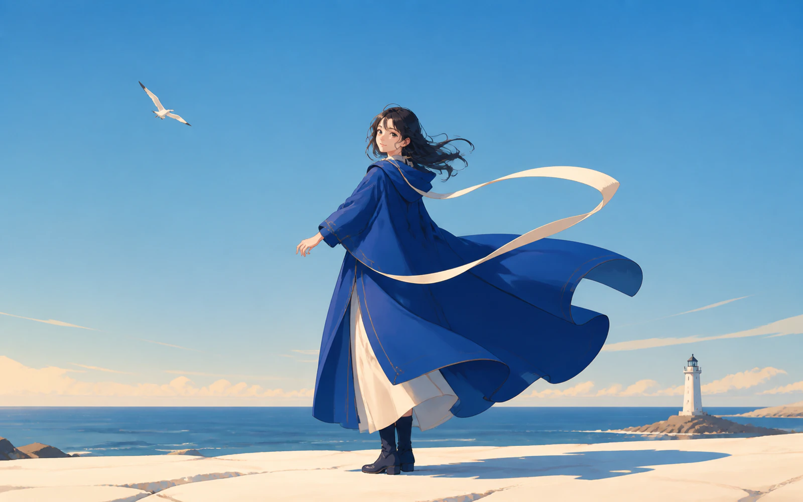 Anime woman in a flowing blue coat beside the sea and lighthouse under a clear sky