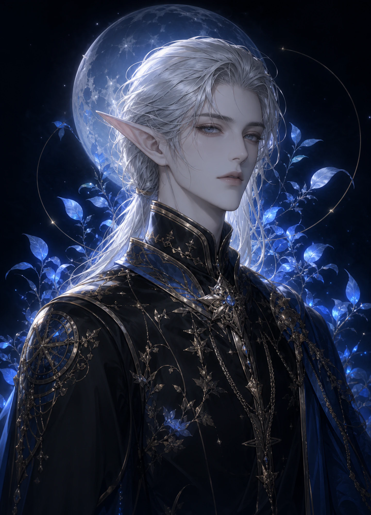 a moon elf portrait framed by silver light and quiet botanical detail