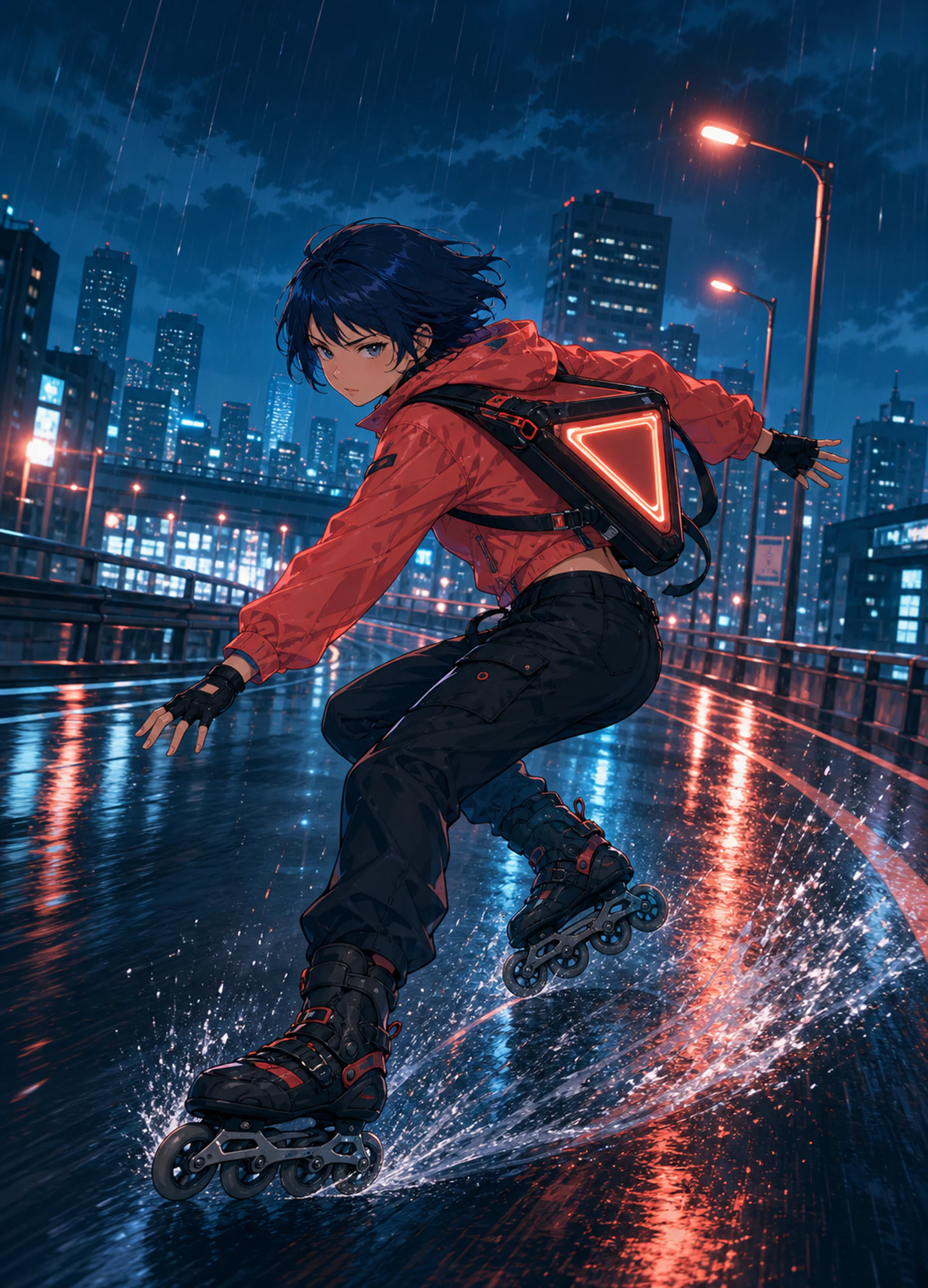 a courier in red cutting through a rain-soaked city in motion