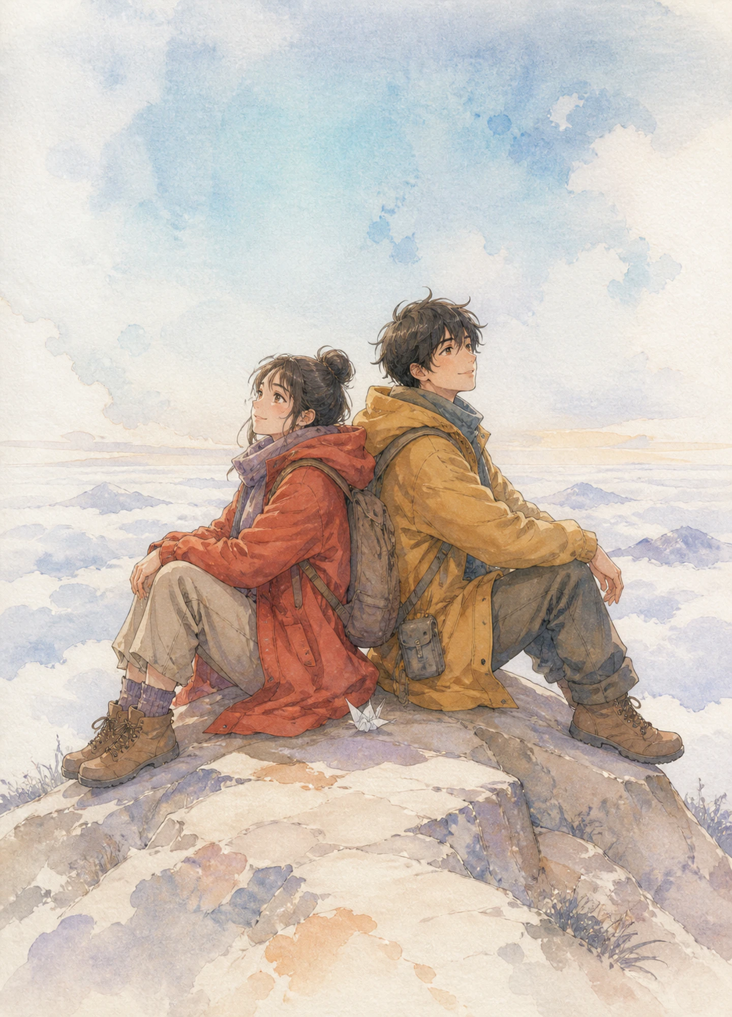travelers crossing a luminous cloud ridge in an Eastern fantasy world