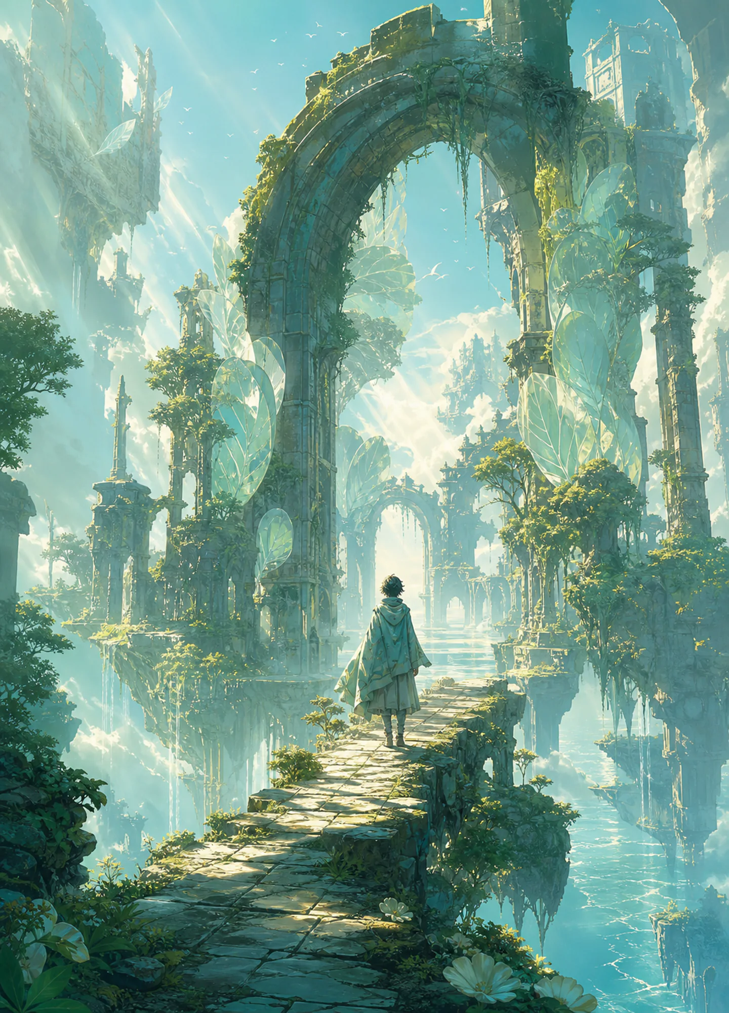 floating botanical ruins overtaken by luminous plants