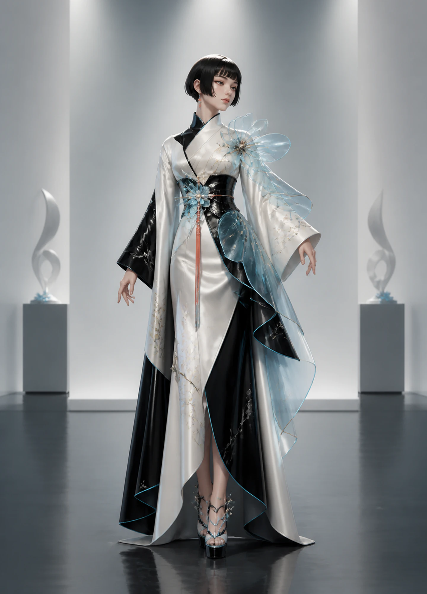 a biotech kimono character presented as a refined fashion editorial
