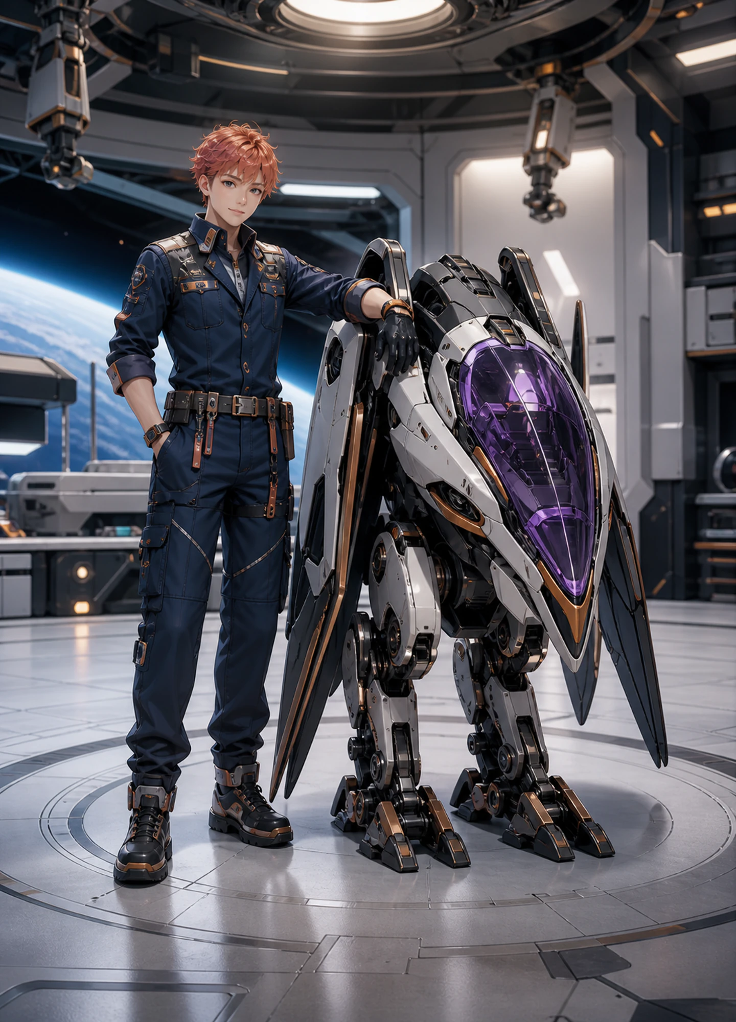 a red-haired anime mechanic standing beside a winged robotic exosuit in an orbital hangar
