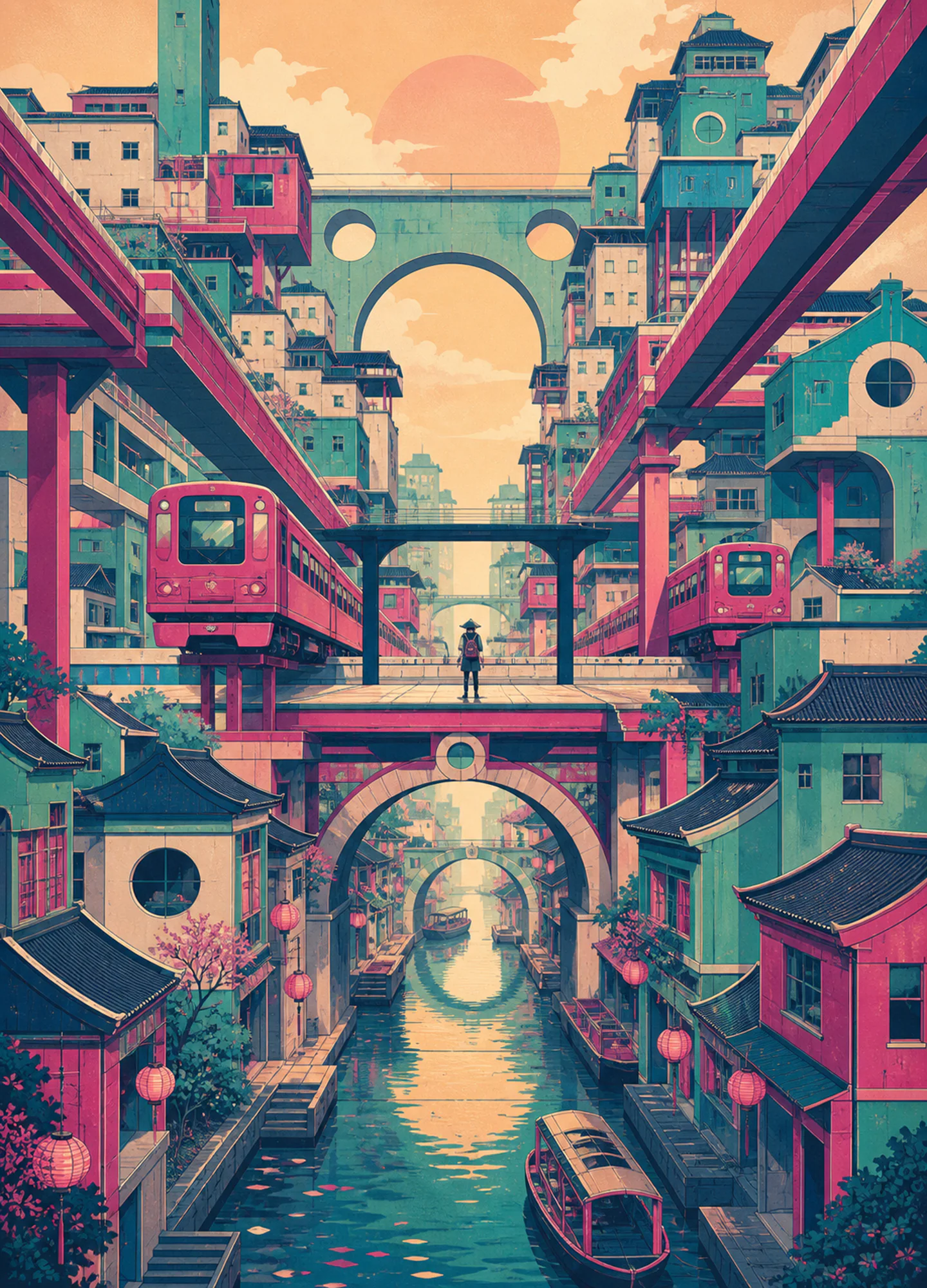 an anime canal city woven together by elevated trains