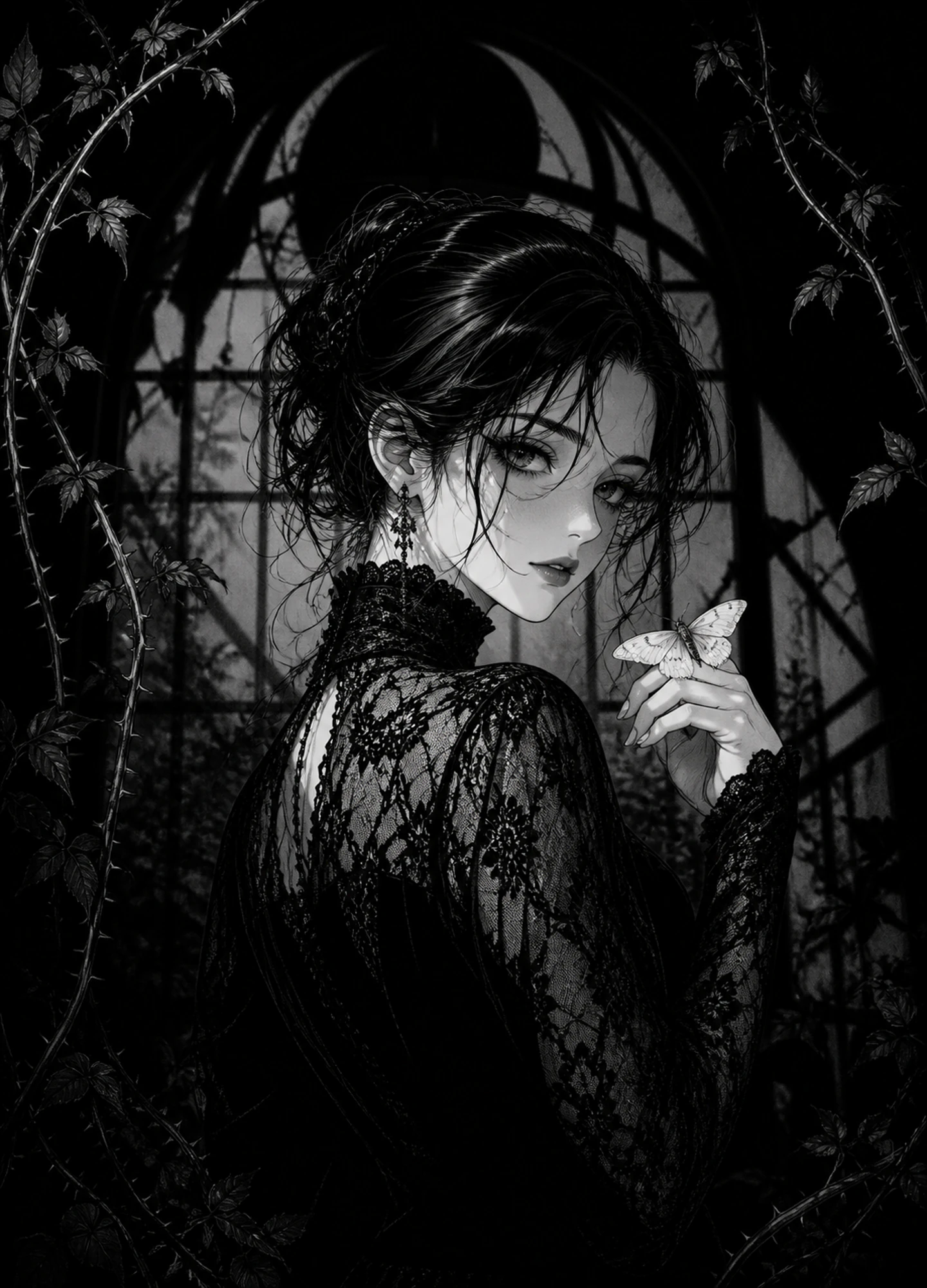 a gothic moth heroine rendered with dramatic manga contrast