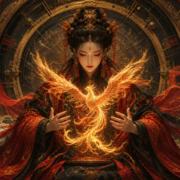 Painted Eastern fantasy portrait of a woman in red holding a luminous phoenix