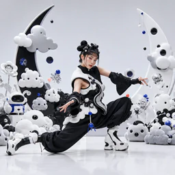 Stylized 3D anime fashion portrait with graphic materials
