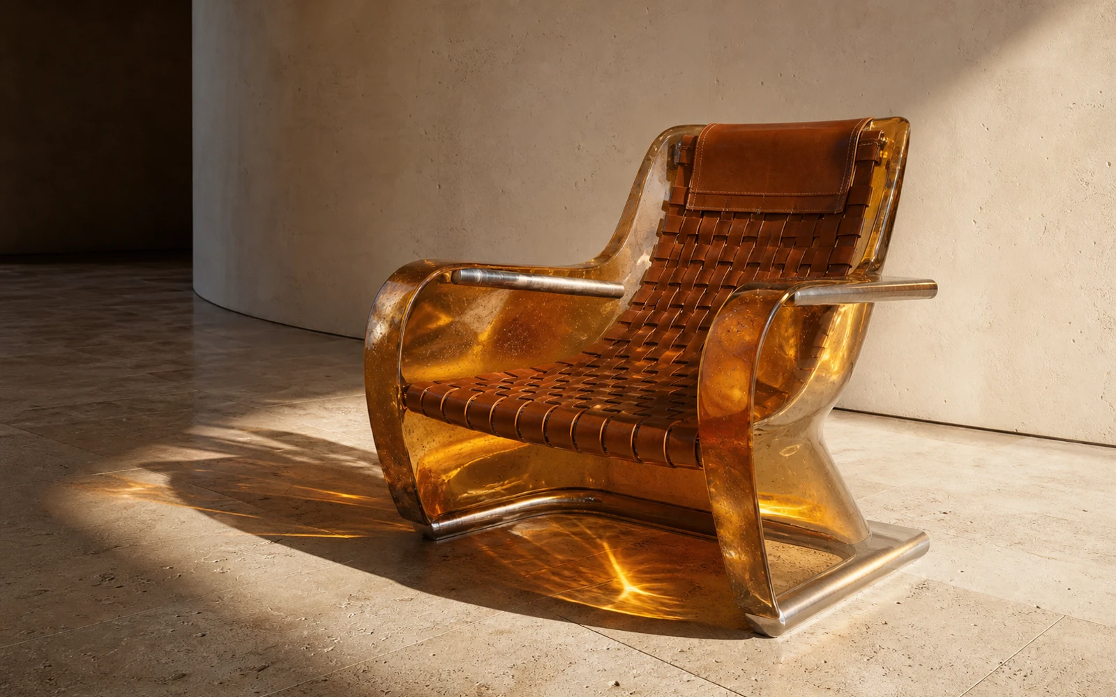 Amber resin and woven leather lounge chair with detailed material textures and refracted light