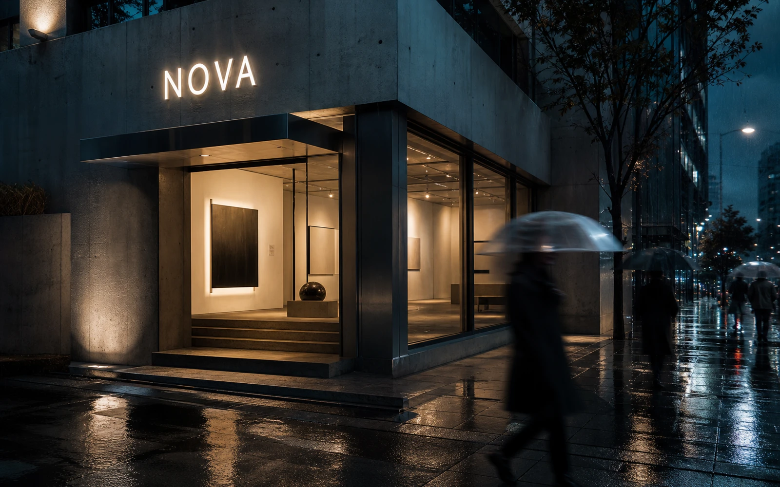 Rainy cinematic street with a readable fictional sign demonstrating Midjourney V8.2 prompt fidelity