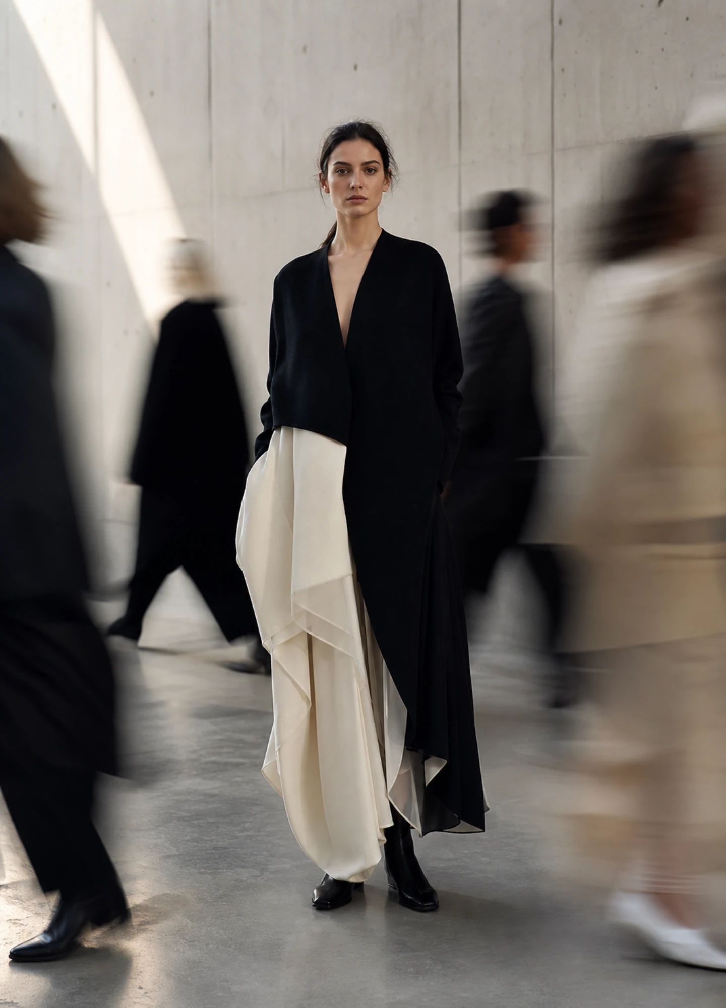 Fashion subject frozen amid a motion-blurred crowd