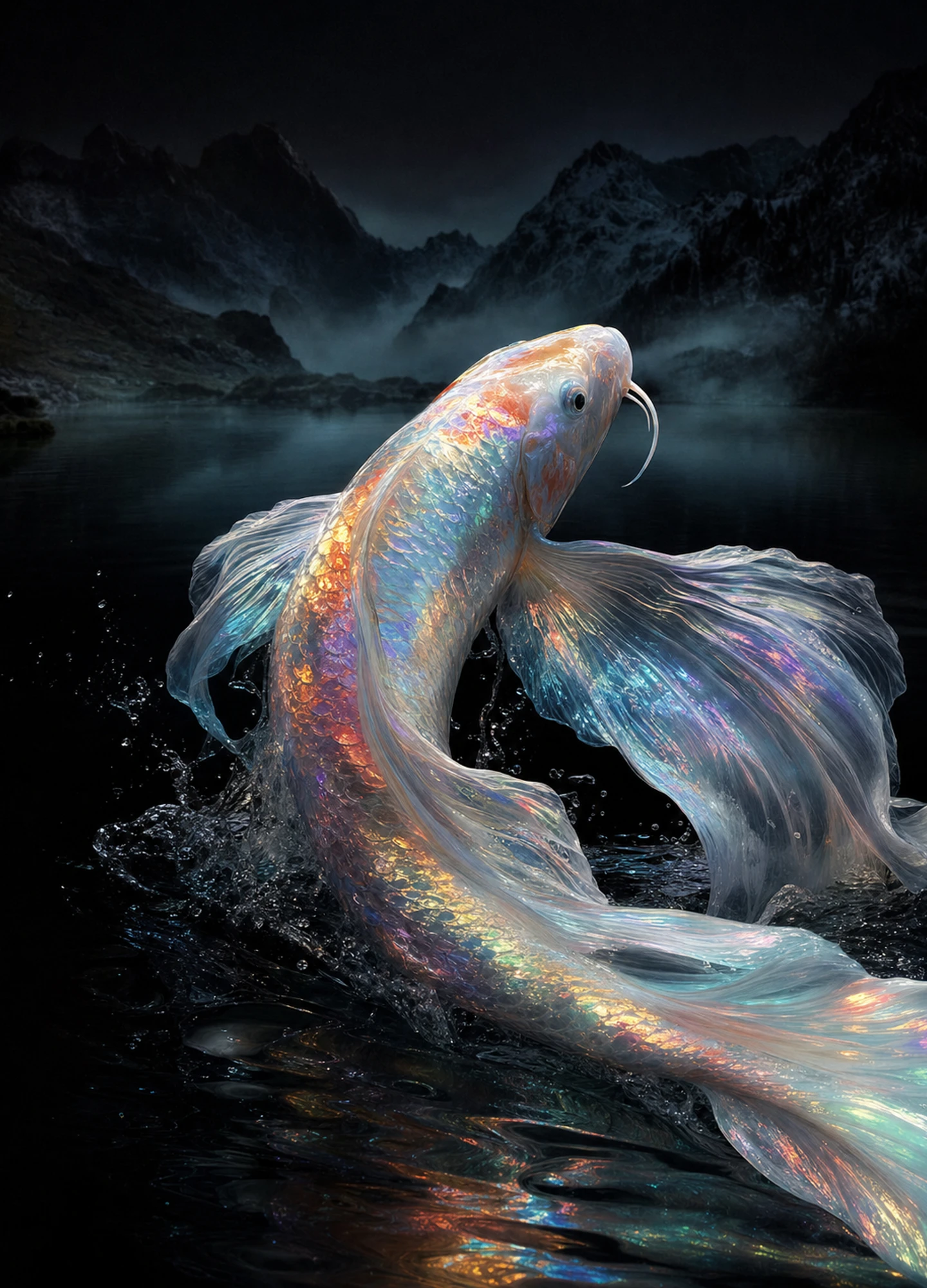 Iridescent koi rising from a dark alpine lake