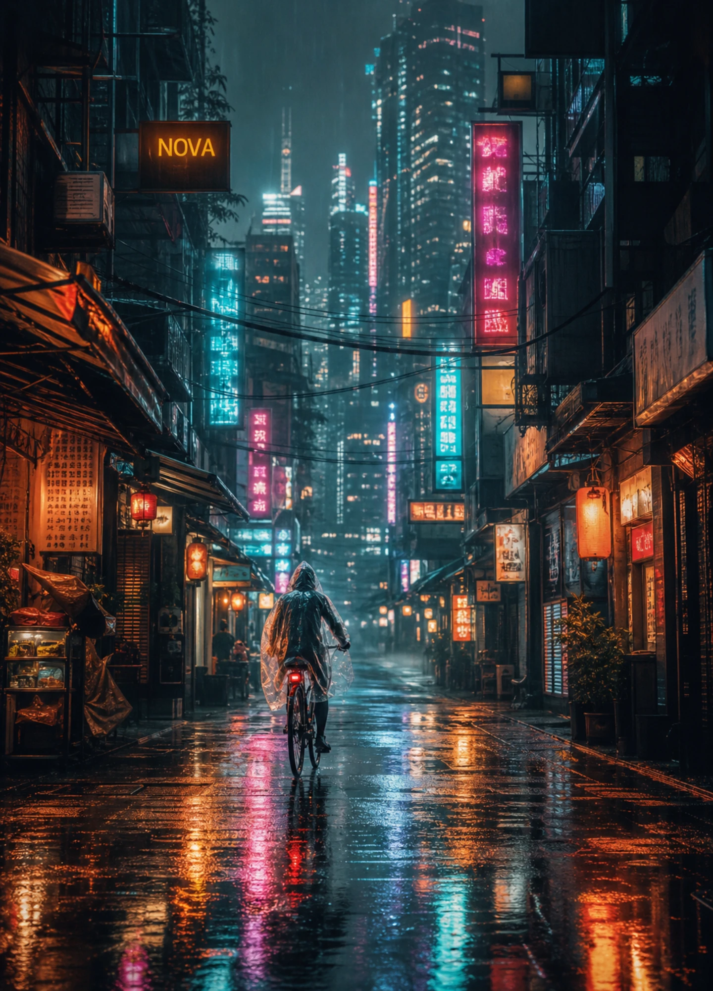 Rainy neon city scene with detailed architecture