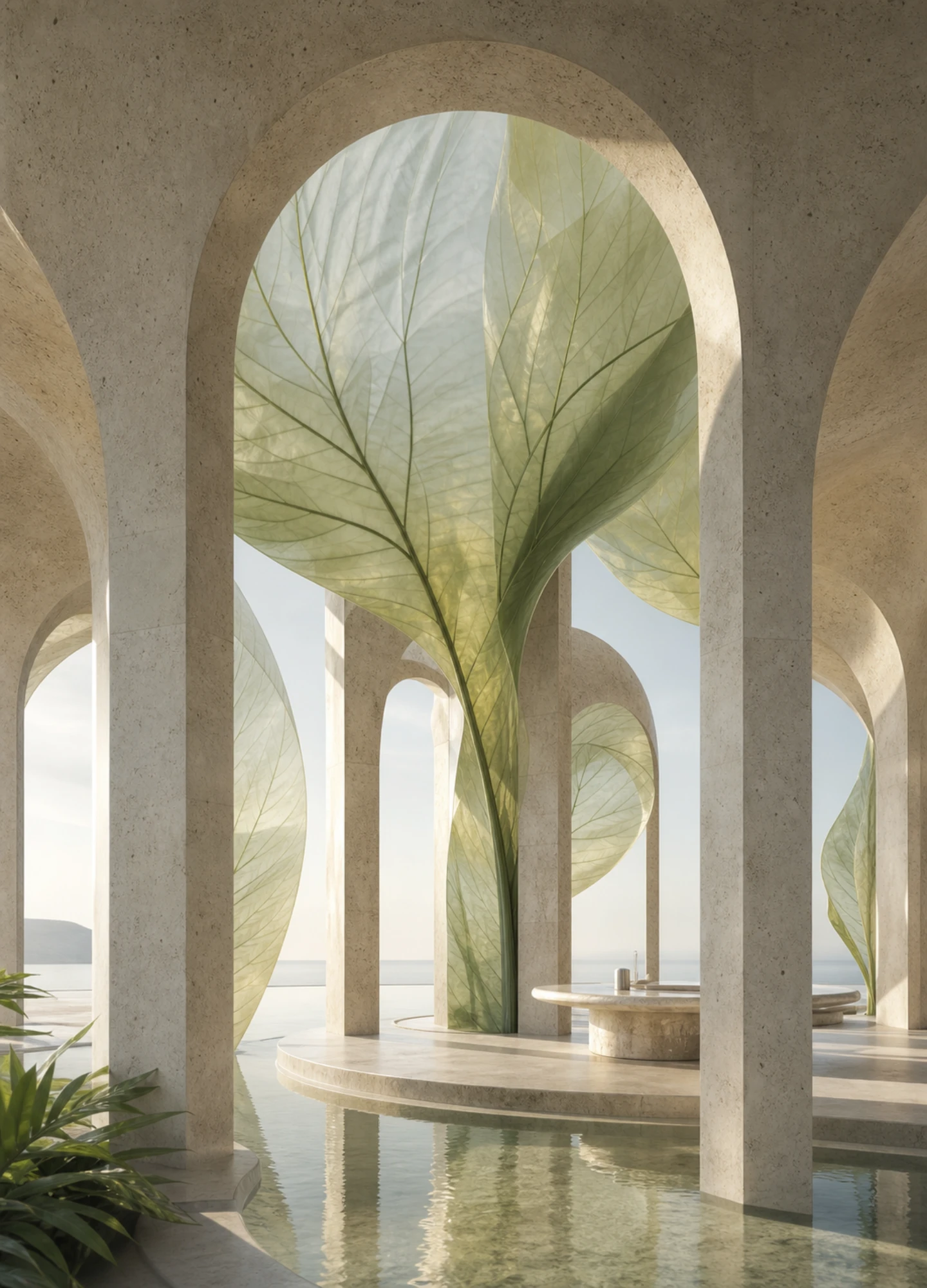 Surreal botanical pavilion in travertine and glass