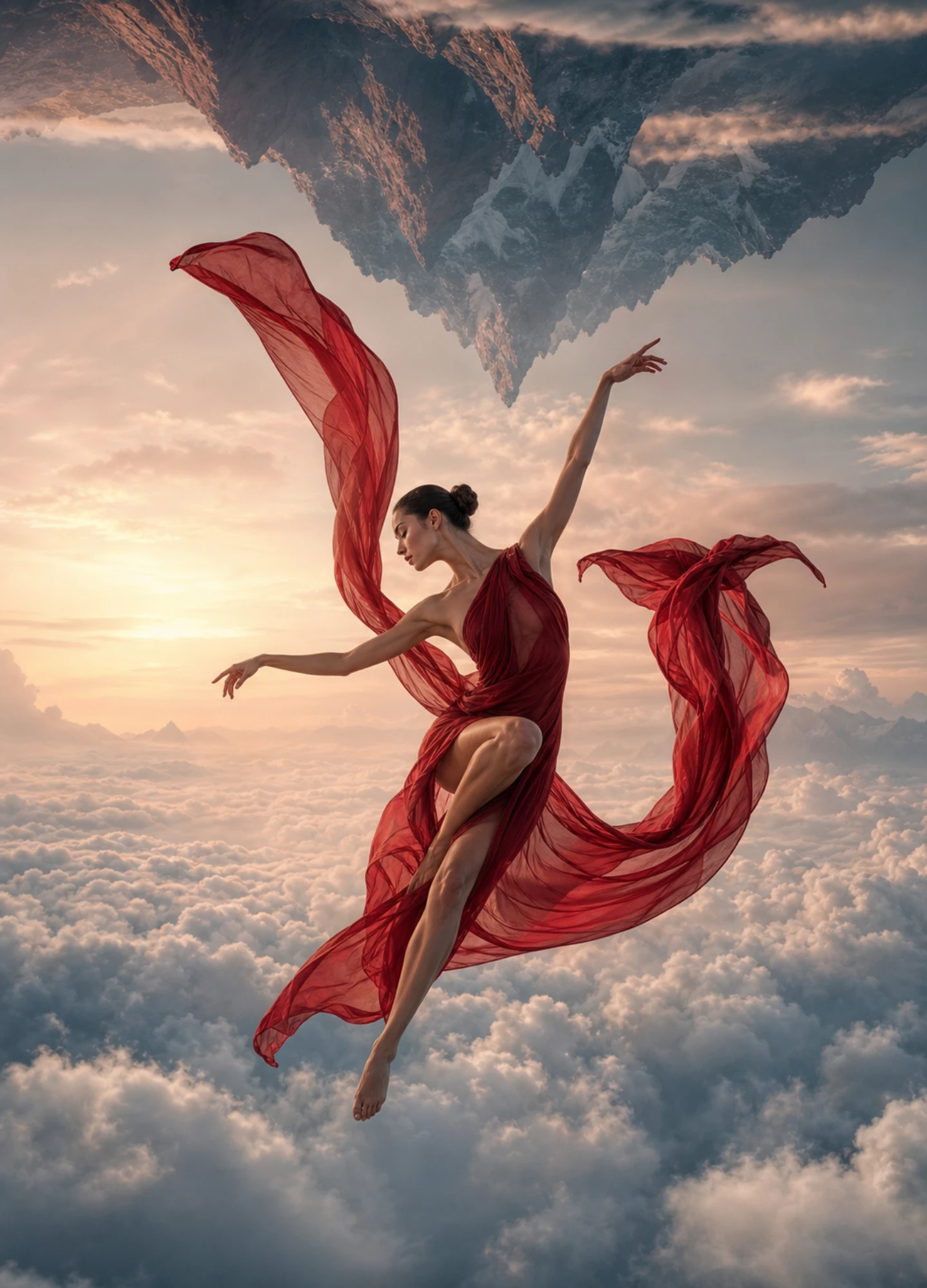 Fine-art dancer suspended above luminous clouds