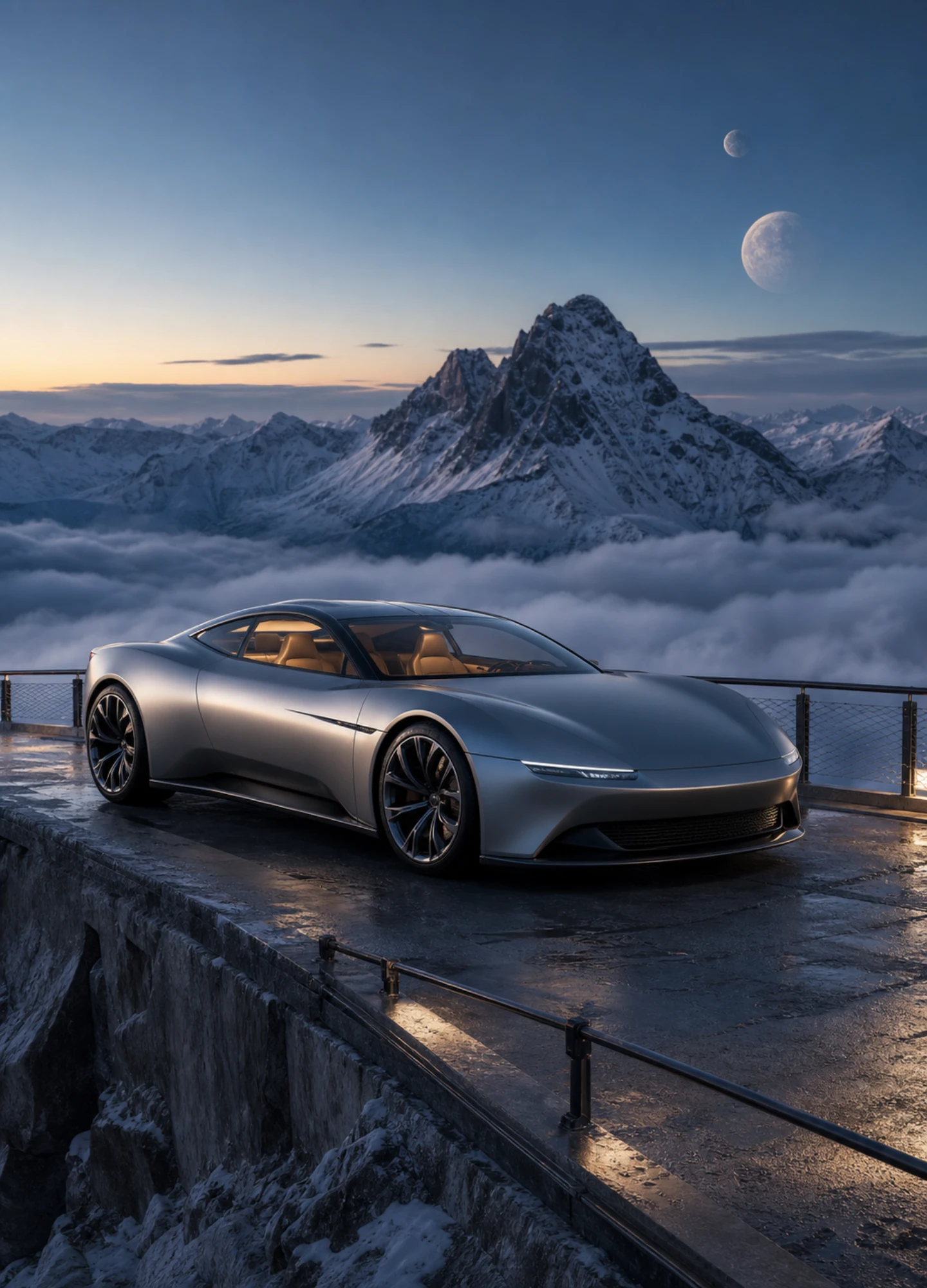 Futuristic electric grand tourer in an alpine landscape