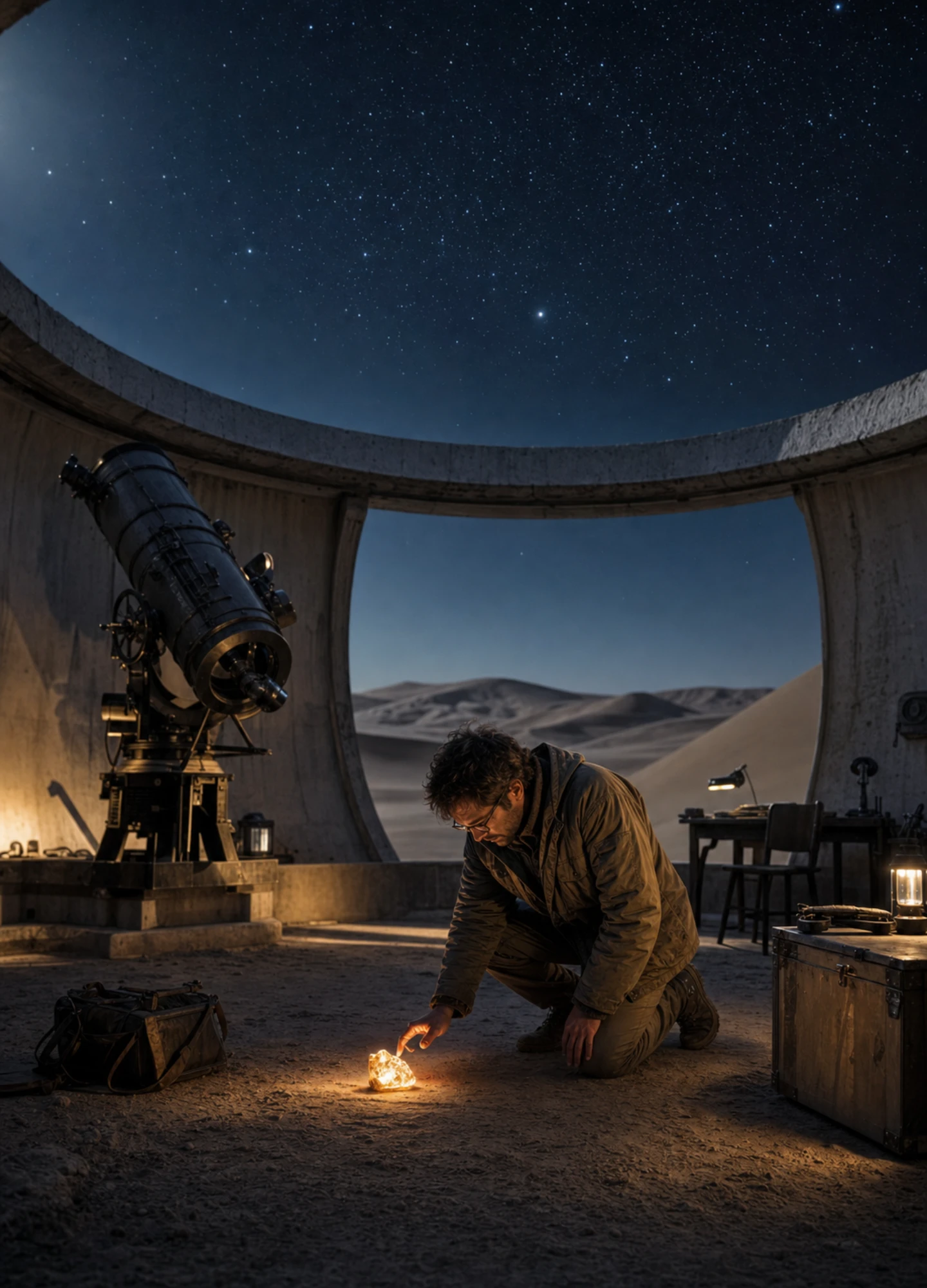 Cinematic observatory discovery scene at night