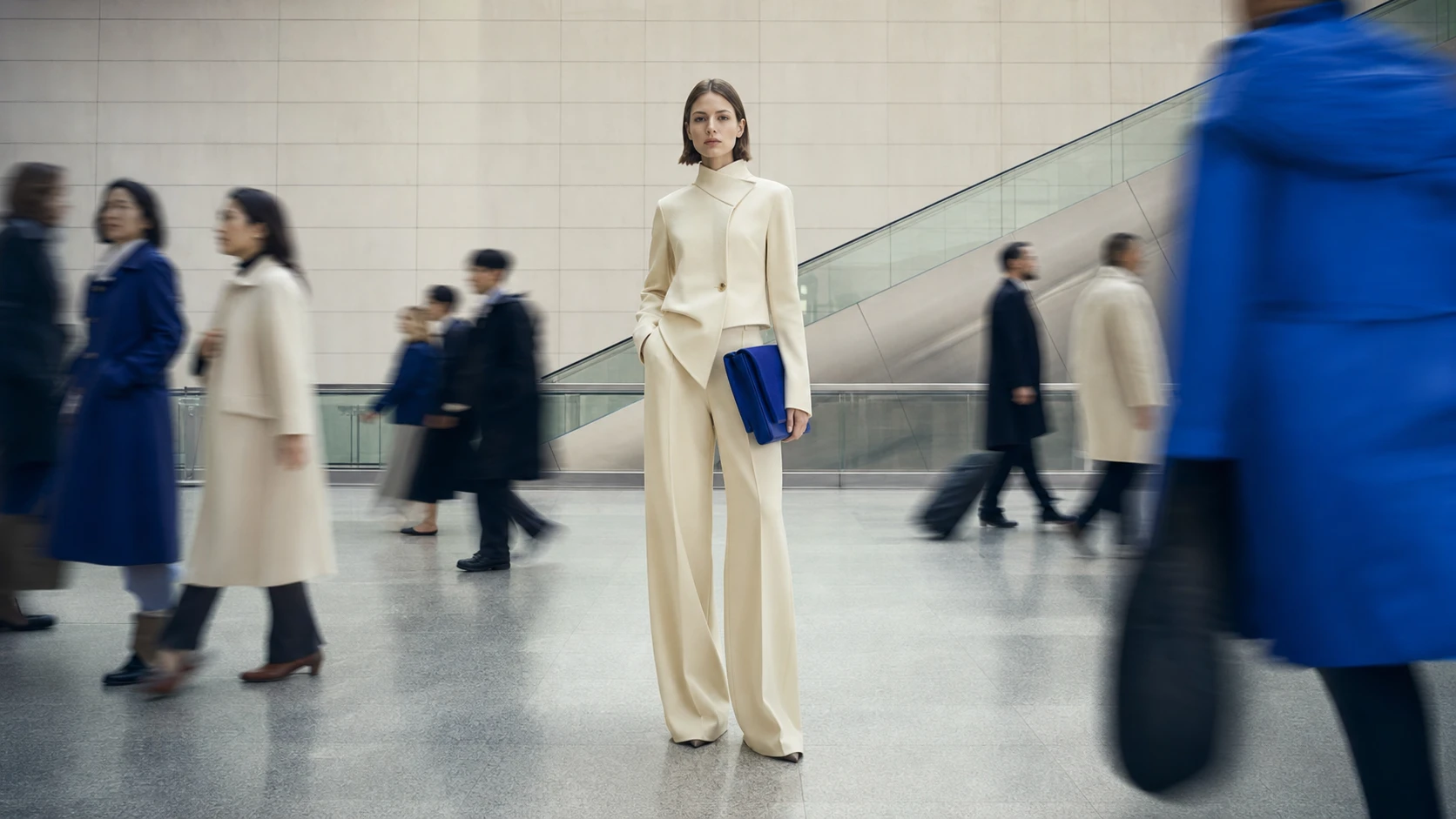Fashion subject frozen sharply against a motion-blurred crowd