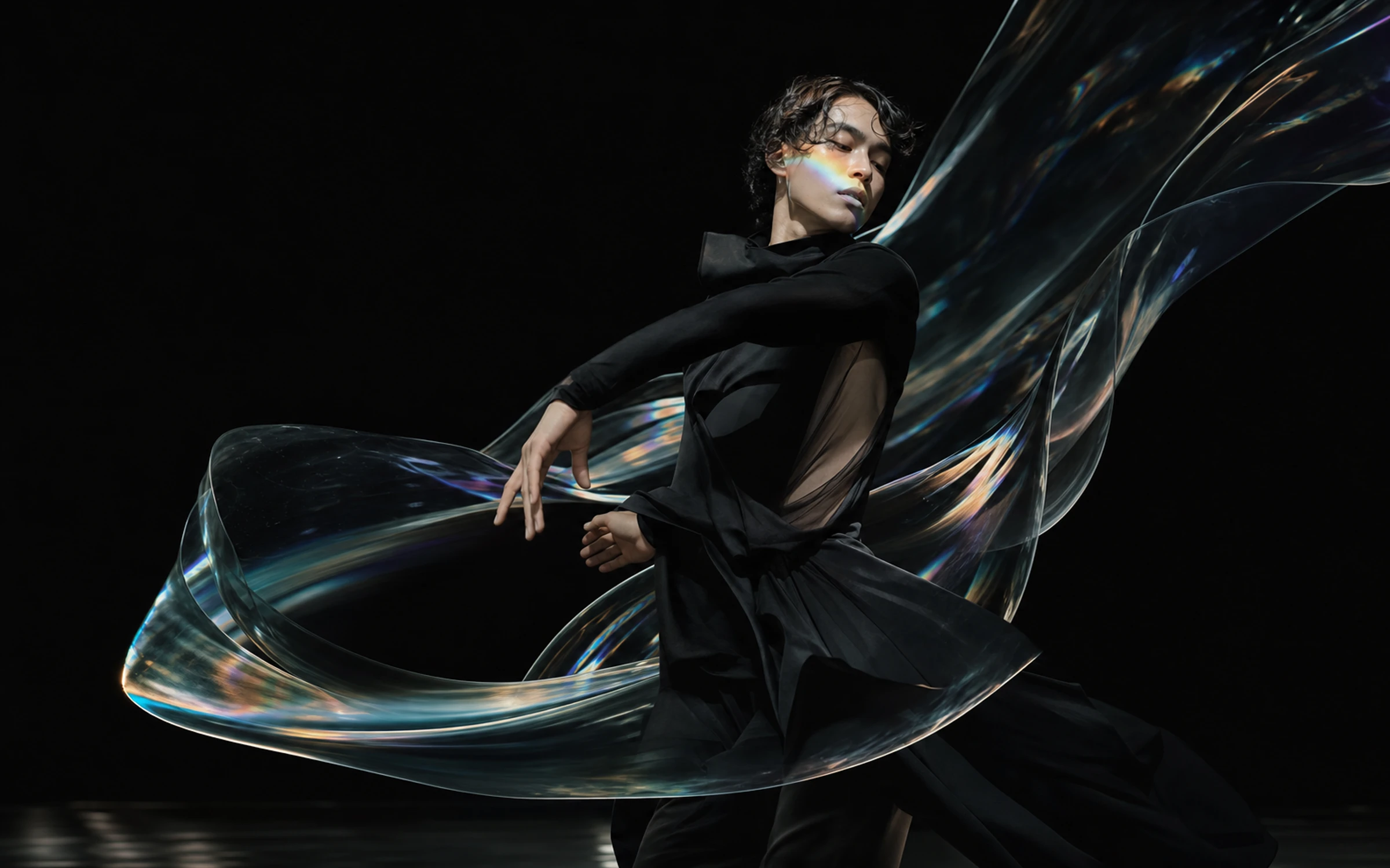Dancer in black turning through translucent prismatic ribbons on a dark stage