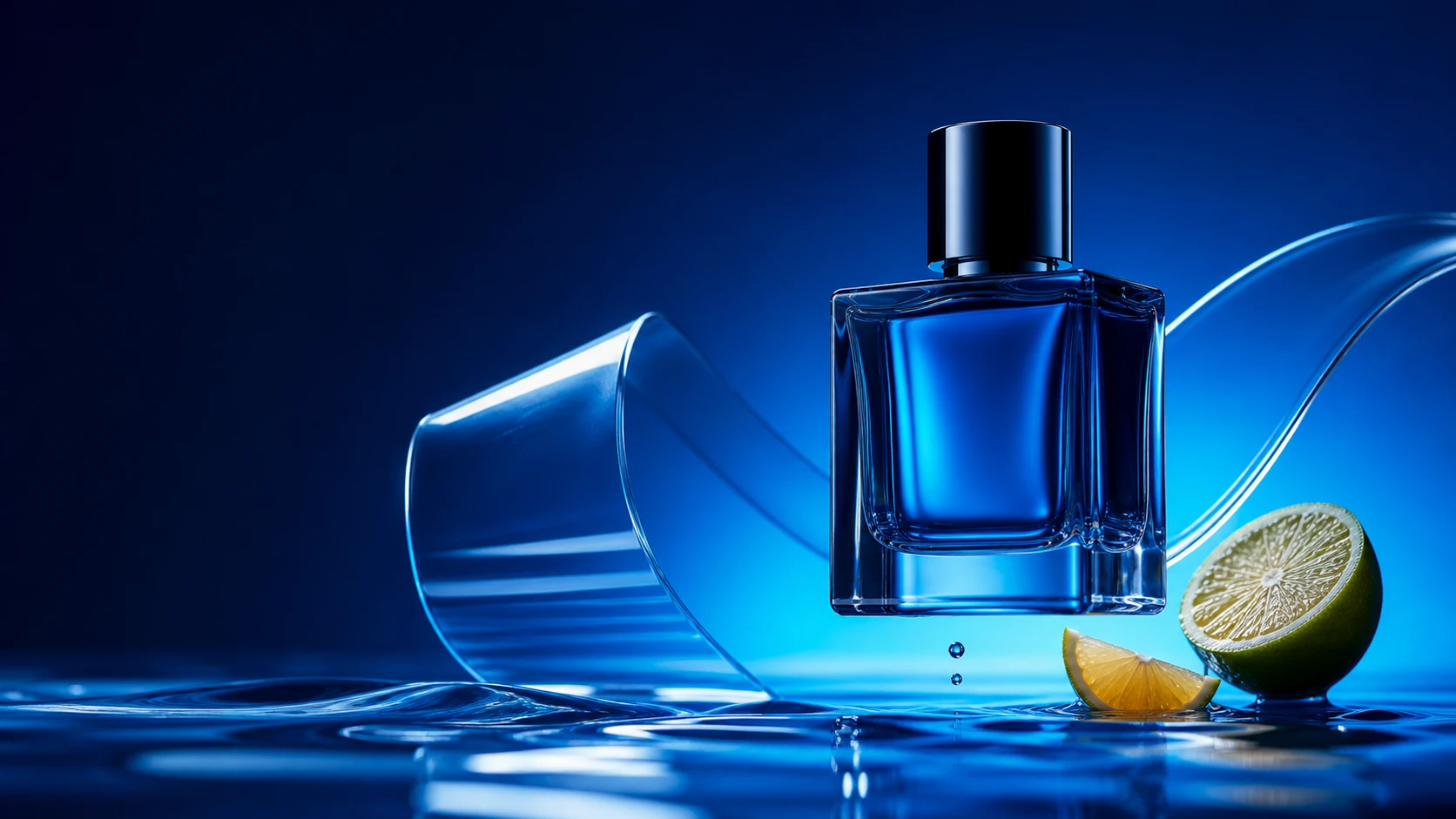 Translucent blue glass product still life with sculptural curves and citrus