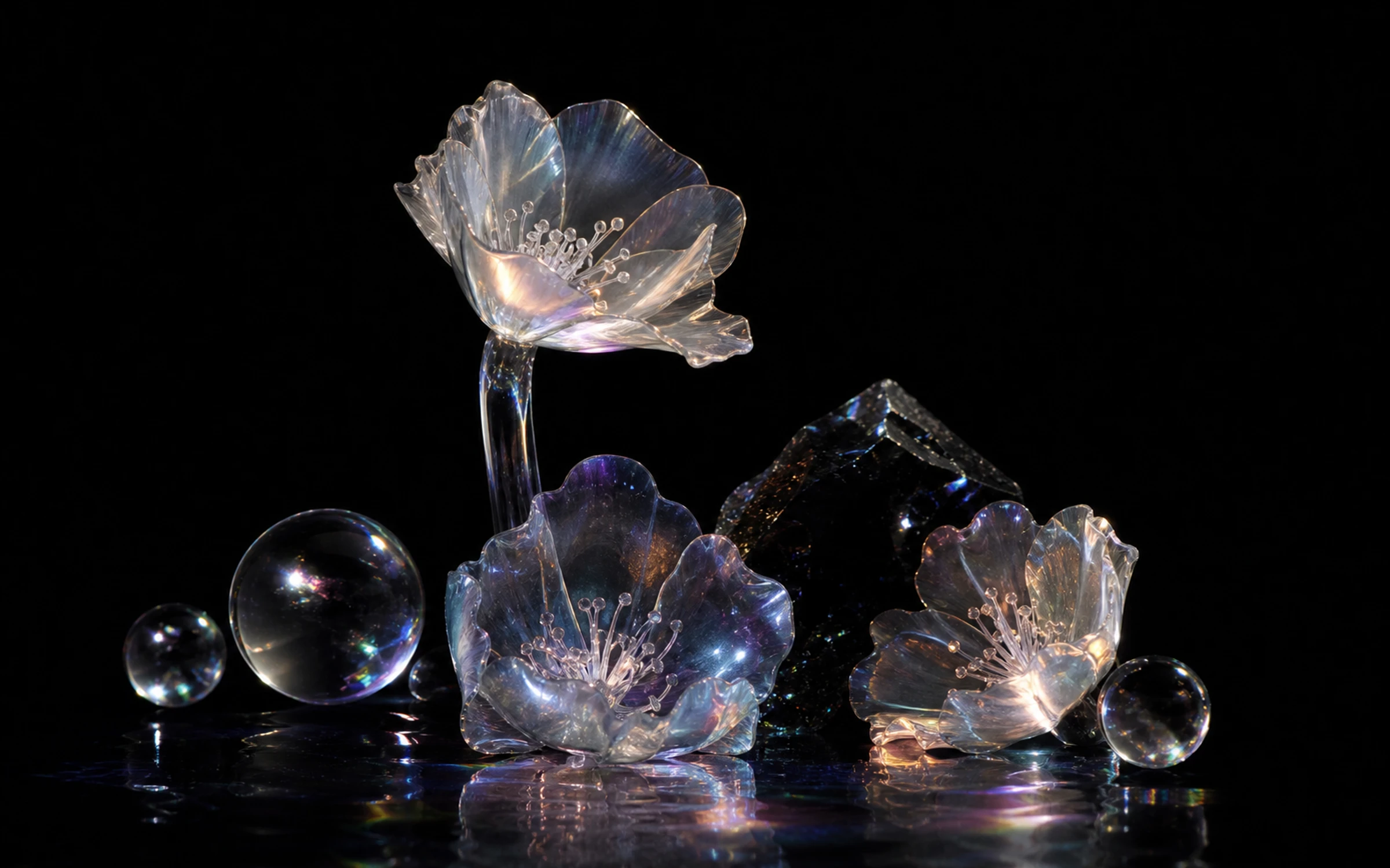 Iridescent glass flowers and optical spheres arranged as a nocturnal botanical still life