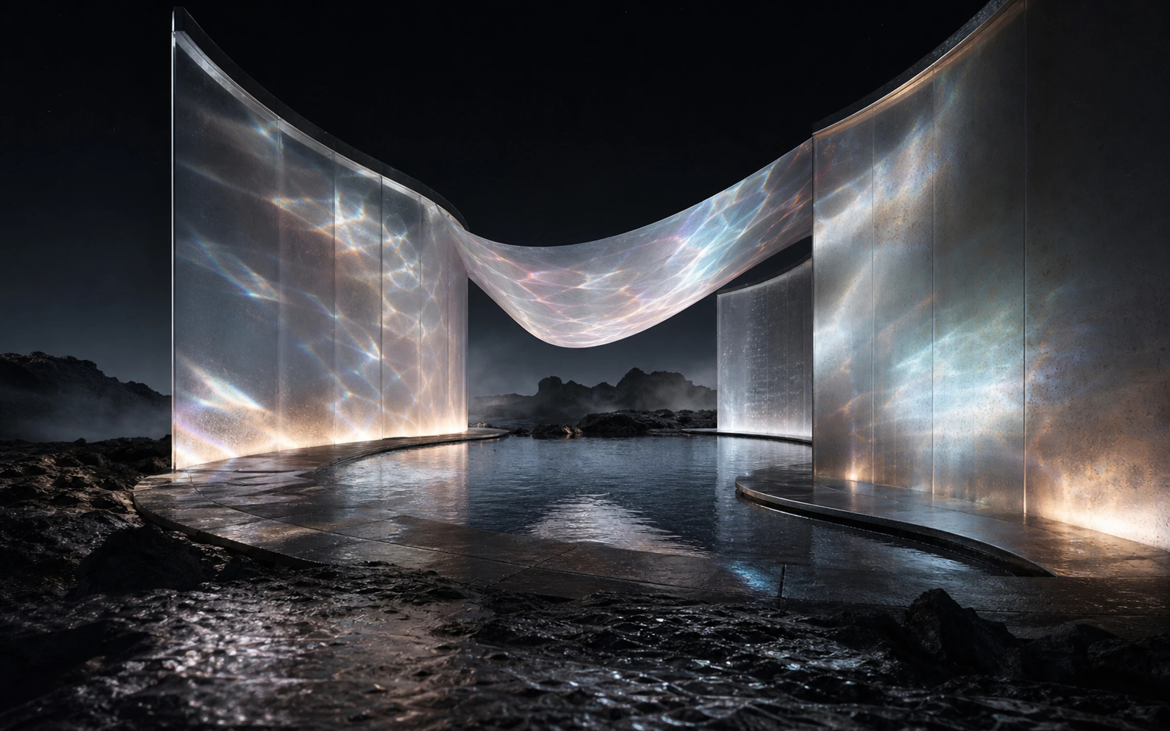 Curved translucent pavilion and reflecting pool glowing in a volcanic night landscape