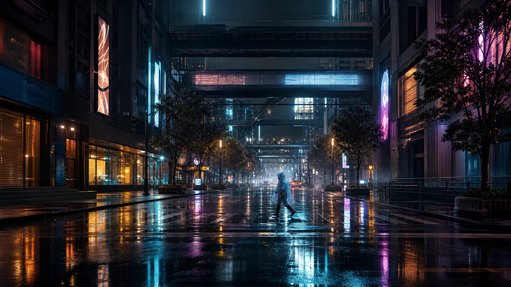 Rainy neon street with detailed futuristic architecture