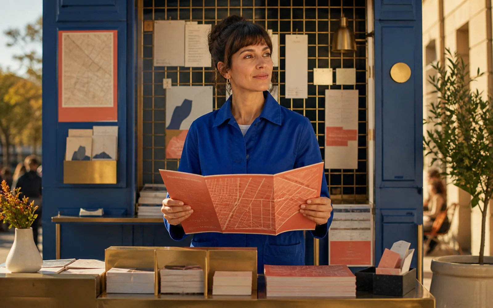 Atlas Market curator in a cobalt jacket holding a coral map