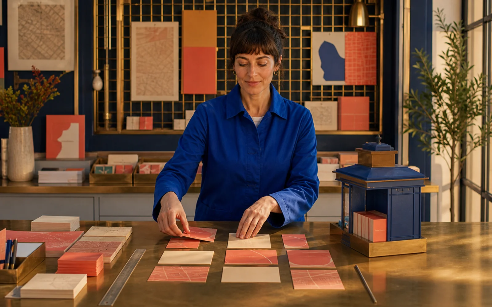 The same curator arranging wayfinding materials in a workshop