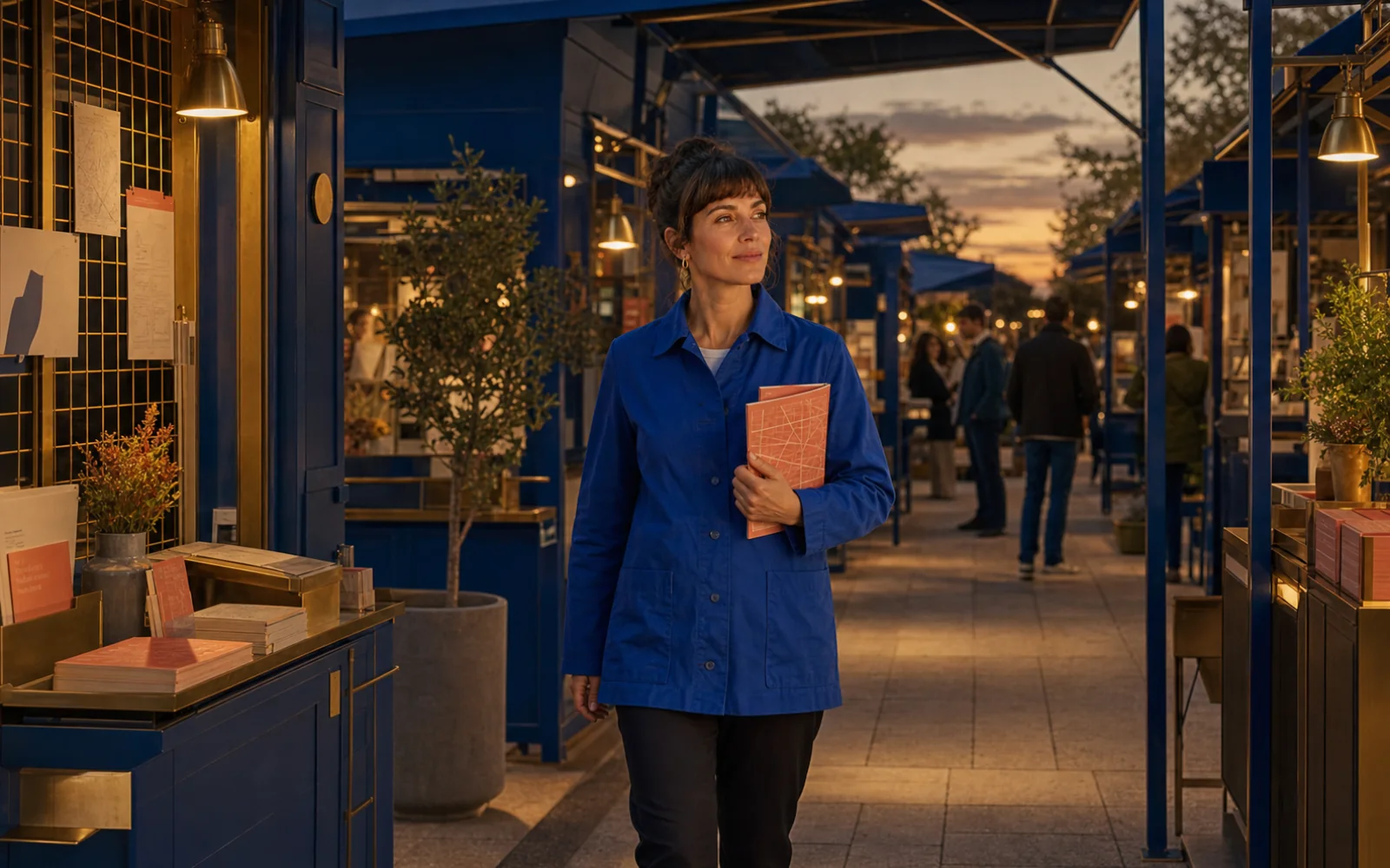 The same curator walking through the completed market pavilion