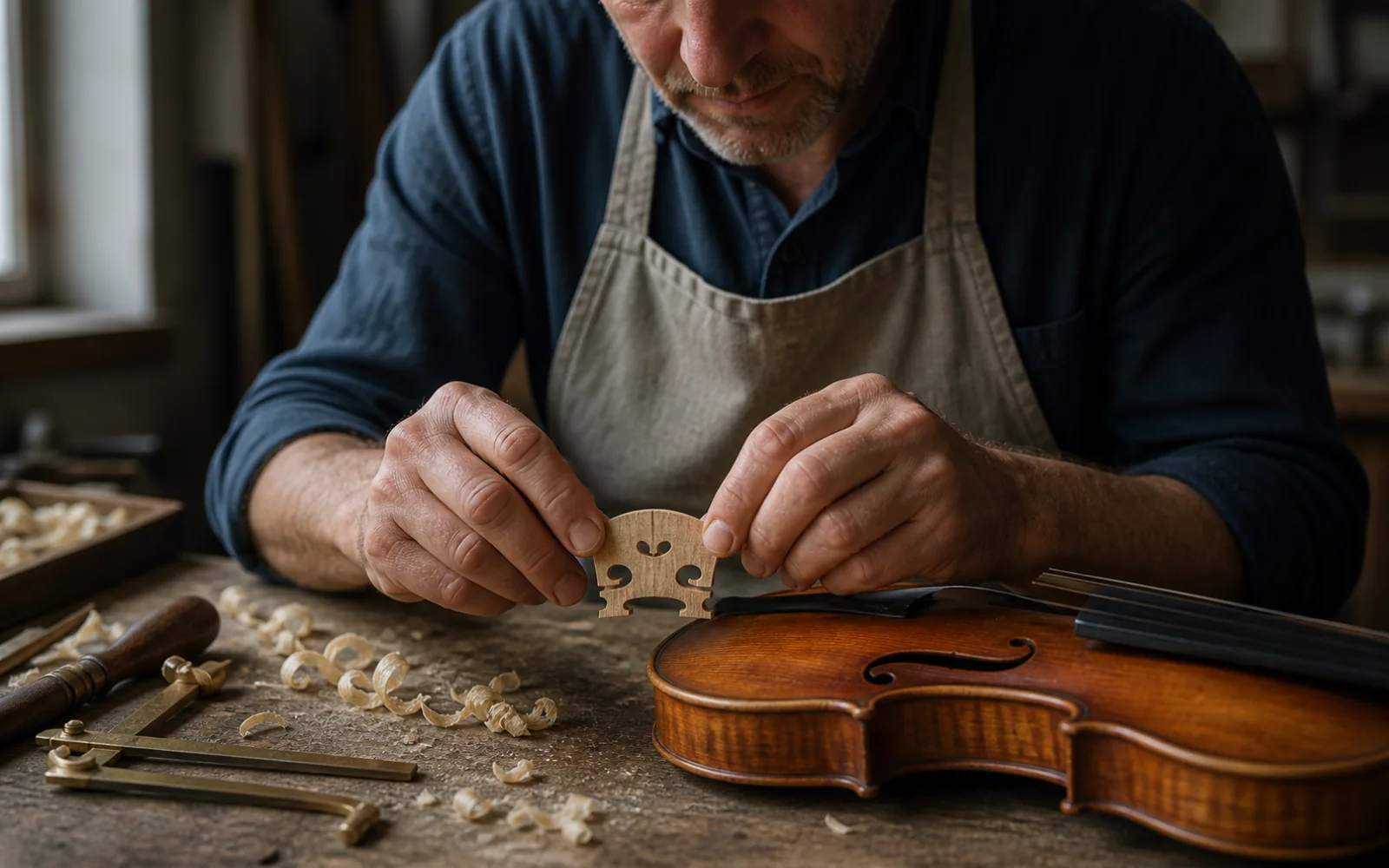 Violin maker holding a maple bridge with detailed skin, wood, and linen textures