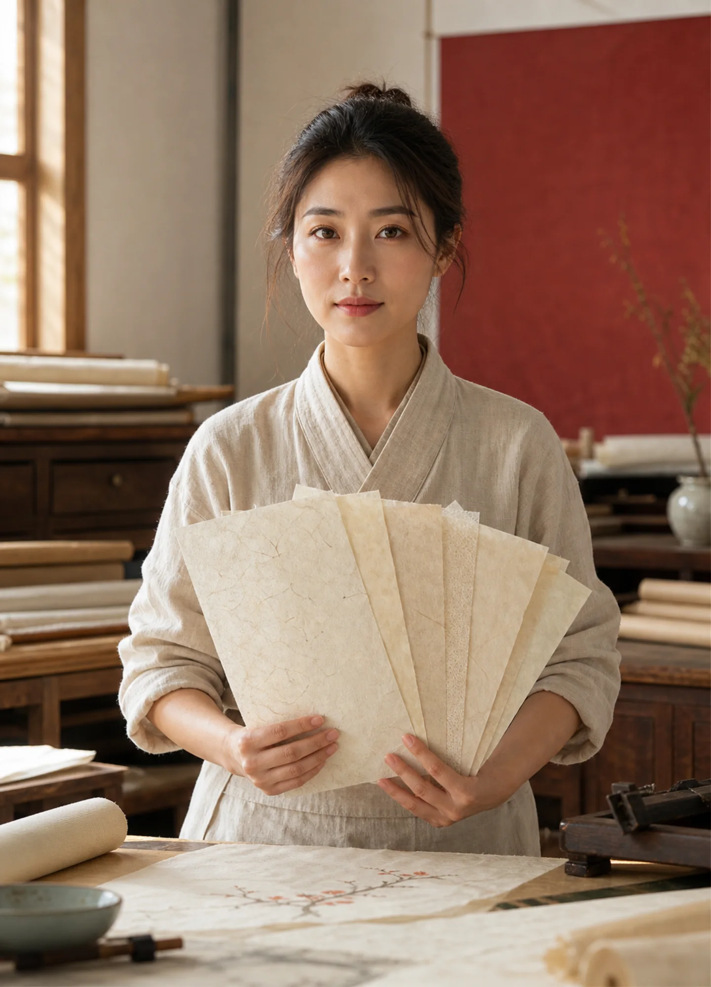 a paper conservator holding translucent handmade sheets in a sunlit archive