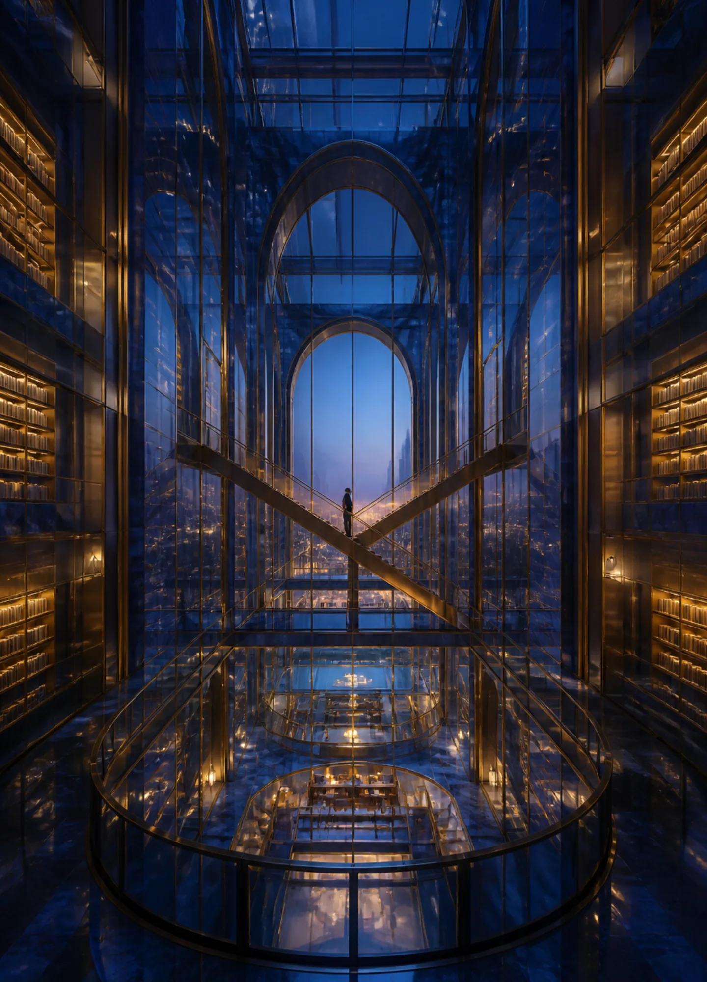 a cobalt-glass library atrium with suspended brass staircases